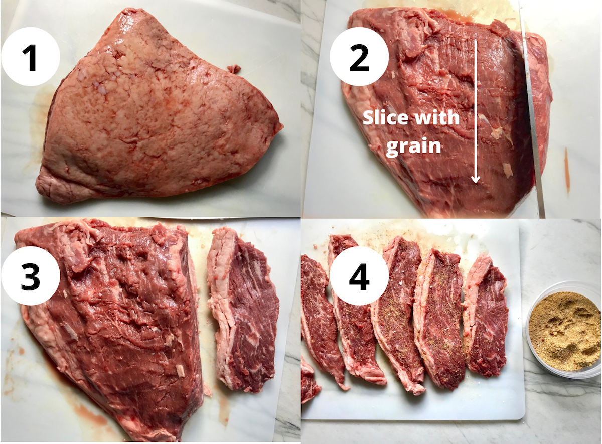 4-Picture collage showing how to slice and season picanha for the Brazilian Steak recipe.