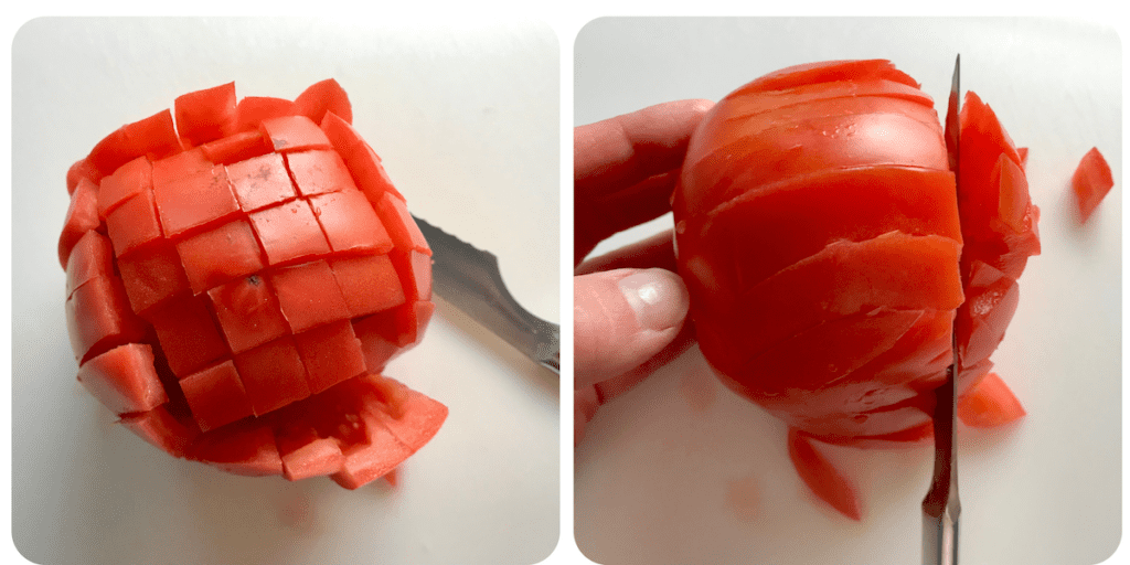 2-images showing how to dice a tomato for Tomato and Onion Salad.