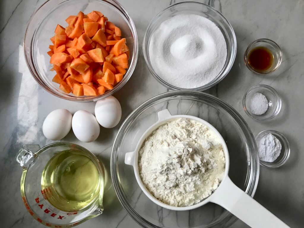 All ingredients measured out and prepped on counter for Brazilian Carrot Cake.