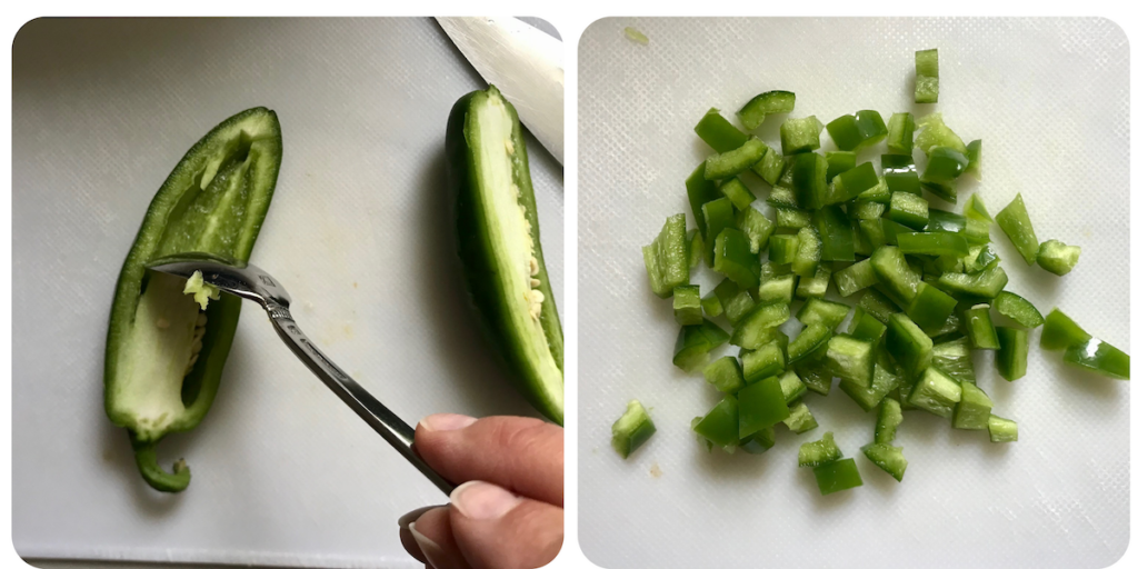 2 pictures showing how to cut jalapeno in half, remove seeds with a spoon and then finely dice for Brazilian Coconut Chicken Stew.