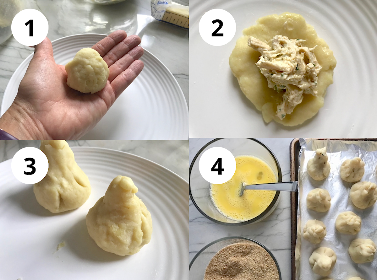Four picture-collage showing small ball of dough in palm of hand, then flattened dough with filling in center, then formed croquette (coxinha), then egg and bread stations next to pan with raw Coxinha Chicken Croquettes.