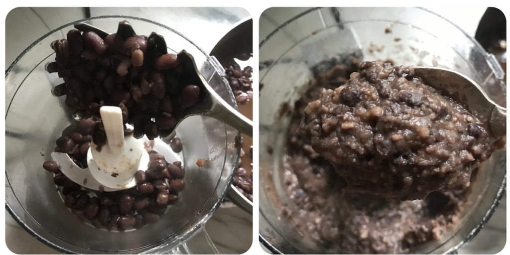 Two pictures showing how to puree the beans for Black Bean Puree.  The left shows a spoon adding cooked black beans to a mini food processor.  The right photo shows the pureed black beans in the food processor.
