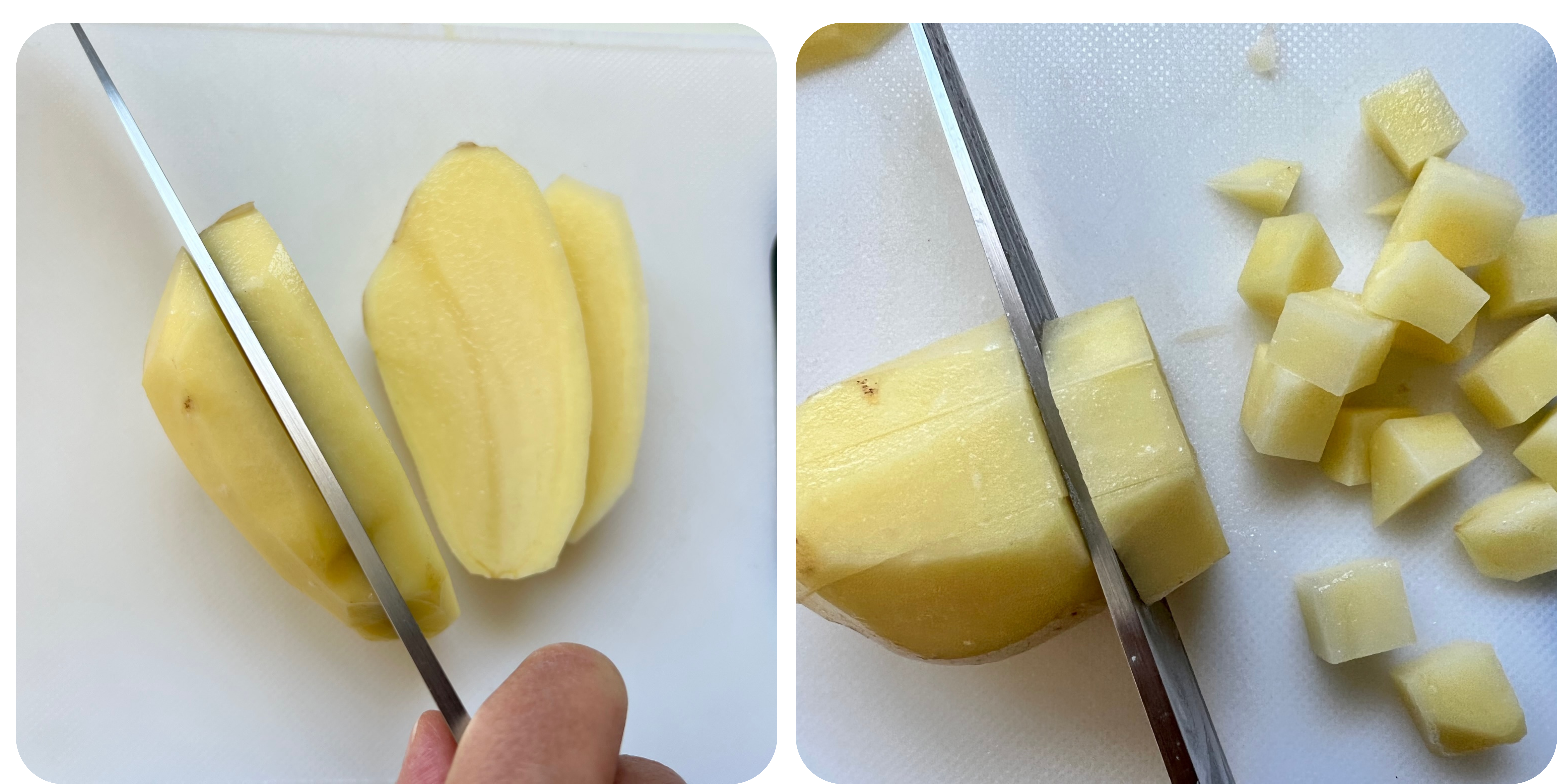 Two-pictures showing how to dice the potatoes for the Brazilian Potato Salad.  Left: slicing peeled potato.  Right: Dicing the sliced potato.