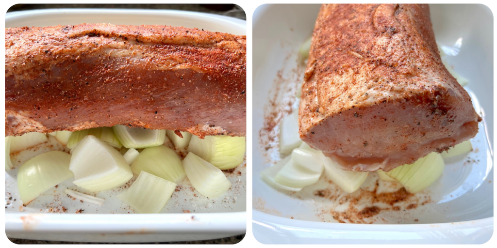 Two pictures showing raw seasoned pork roast on top of chopped onions in casserole dish.