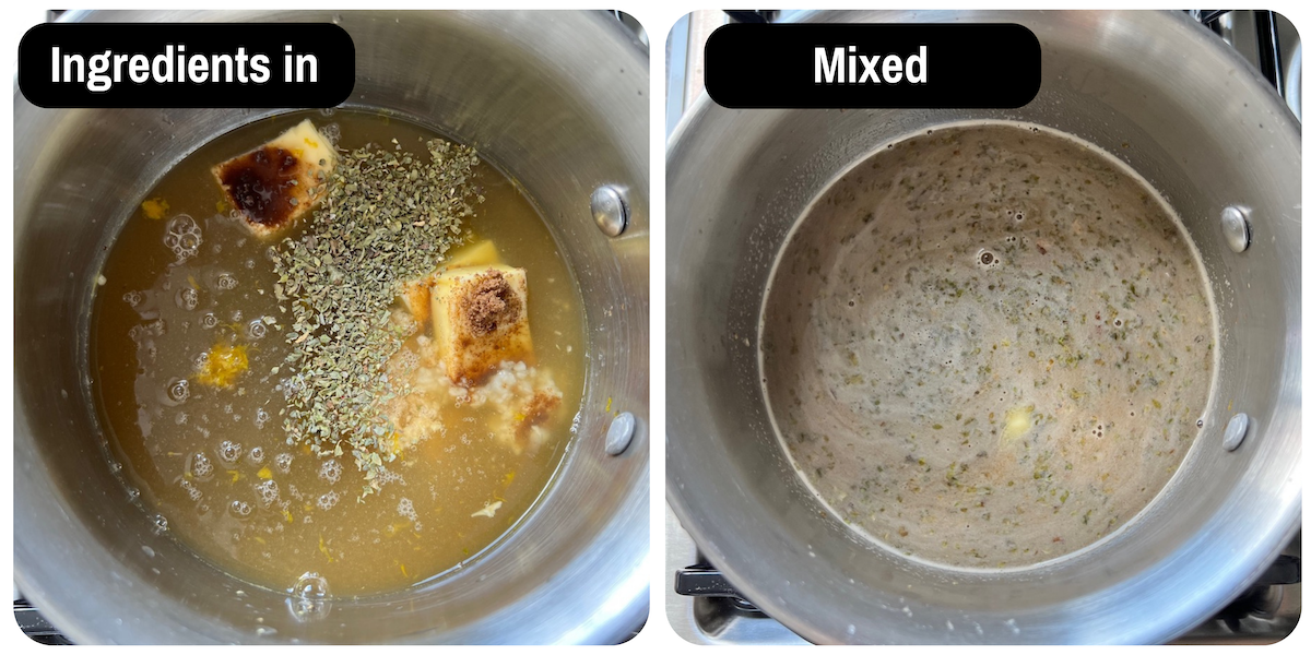 Two pictures showing the ingredients for the Pork Ribeye Roast Orange sauce in a pot and then mixed in the pot.