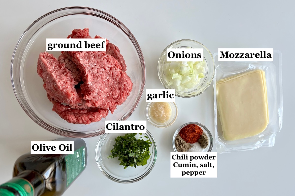 Ingredients prepped and measured out in bowls for the ground beef filling for Brazilian Dutch Oven Shepherd's Pie.