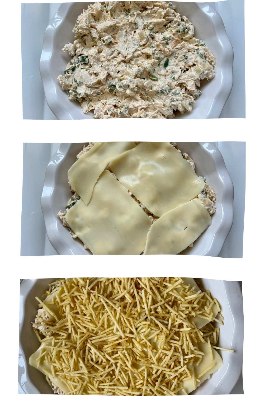 3-pictures stacked to show the chicken mixture added to pie pan, then slices of cheese placed on top, then potato sticks spread over the cheese for the Ultimate chicken casserole recipe.