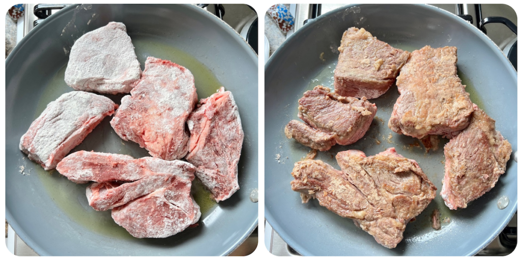 2 images side-by-side showing Beef ribs coated in flour searing in skillet for Brazilian Vaca Atolada Beef Rib Stew.
