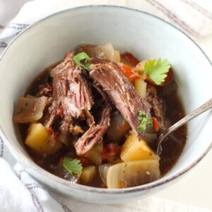Brazilian Vaca Atolada Beef Rib Stew in a bowl with fork with yucca, onions, garlic, tomatoes, cilantro in a delicious thick beef wine sauce.