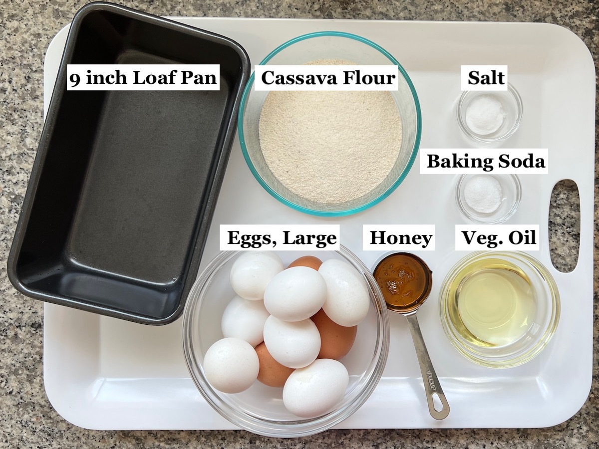 Ingredients prepped and measured out in bowls for the Cassava Bread recipe. 