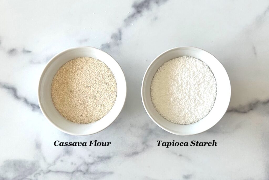 cassava flour in bowl on the left and tapioca starch in bowl on the right for the article Cassava flour vs tapioca starch.