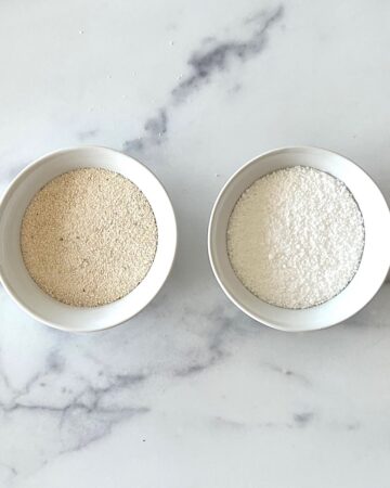 Cassava flour in bowl on the left and tapioca starch in bowl on the right for the article Cassava flour vs tapioca starch.
