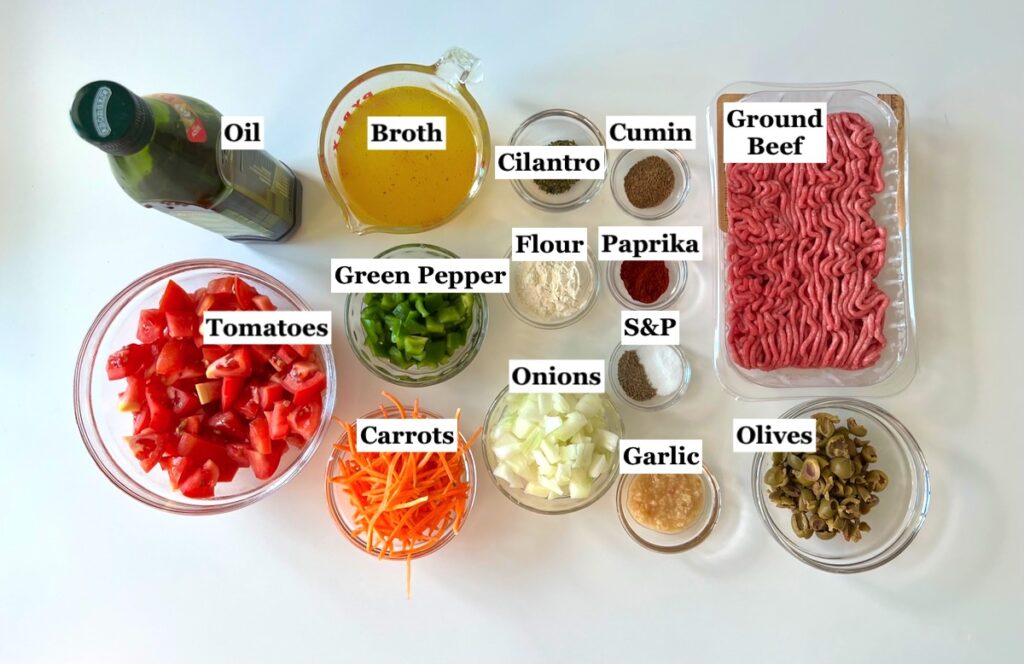 Ingredients labeled and prepped and measured out in bowls for Summer Beef Stew Picadinho.