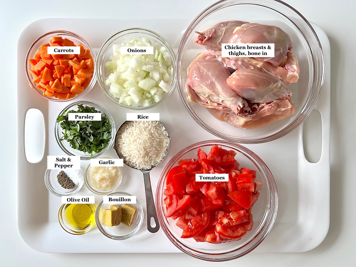 Labeled ingredients prepped and measured out in bowls for the Canja Brazilian Chicken and Rice Soup recipe.