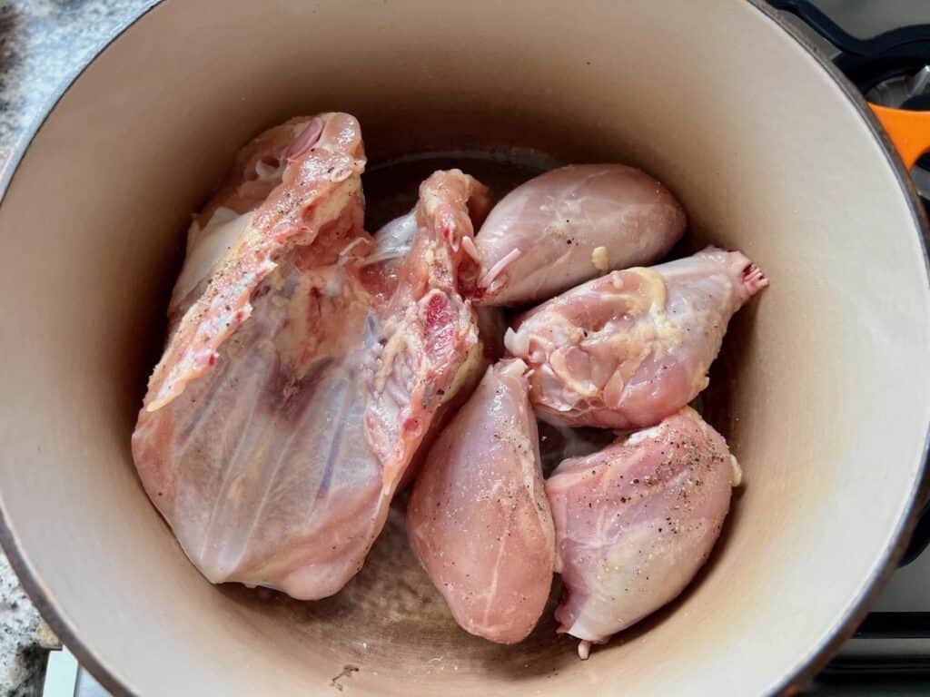Raw chicken breasts and thighs with bone in in a pot for the Canja Brazilian Chicken and Rice Soup recipe.