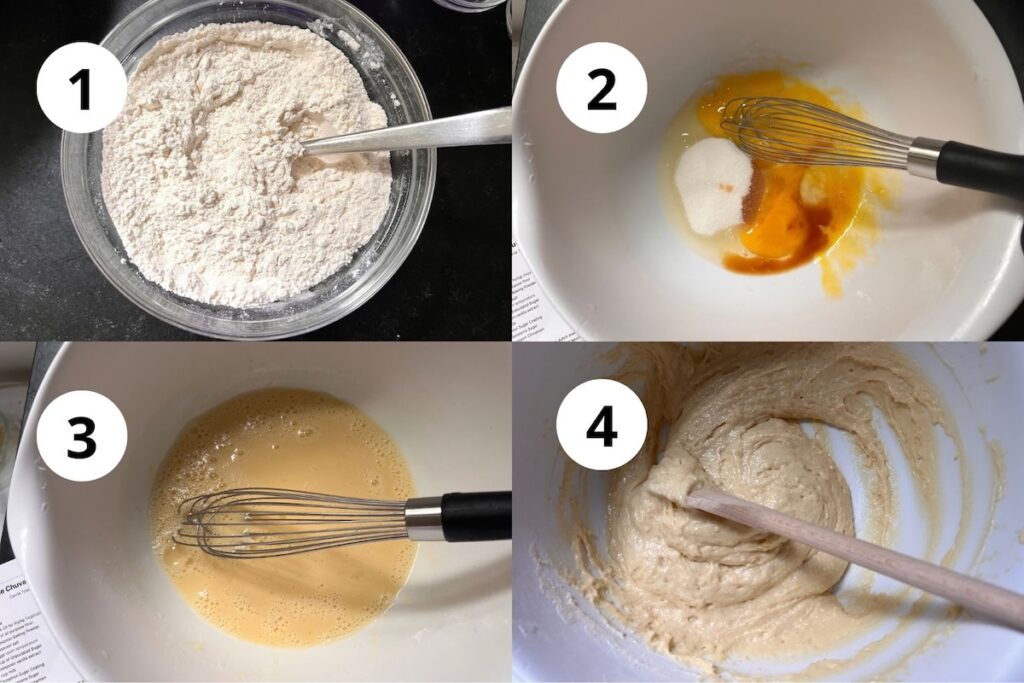 First 4 step photos for making the batter for the Bolinhos de Chuva Recipe (Donut holes with Cinnamon Sugar coating).  1. Mix dry ingredients in a medium bowl  2. Add wet ingredients to large mixing bowl 3. Mix the wet ingredients  4.   Add dry to wet and mix with wood spoon until smooth and completely blended