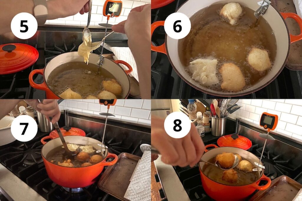 4 Frying step photos for the Bolinhos de Chuva Recipe (Donut holes with Cinnamon Sugar coating). 1.  Add the batter to the oil using 2 soup spoons  2.  Let the bolinho fry on one side for a couple minutes until golden brown  3.  Flip the bolinhos to brown on the other side  4.  Transfer the bolinho to a paper towel lined sheet pan 
